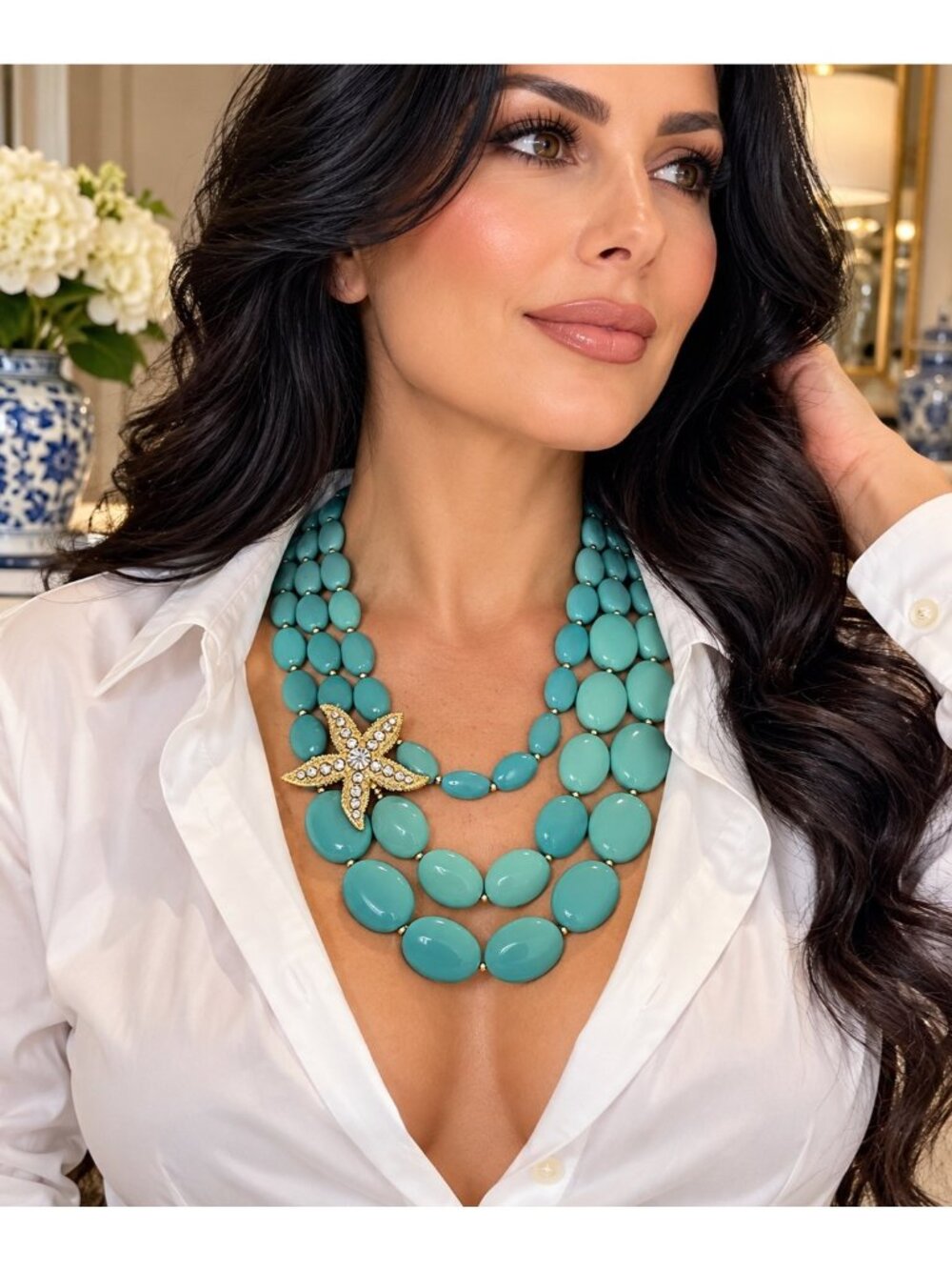 Womens Turquoise Beaded Necklace Starfish Multi Strand Boho Coastal Statement
